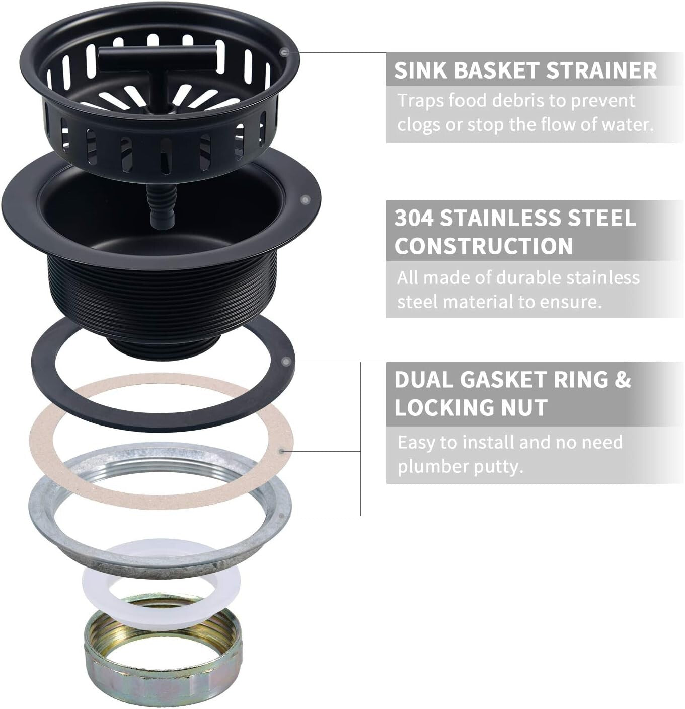 Stainless Steel Kitchen Sink Strainer Assembly - Rustproof & Leak-Proof Design