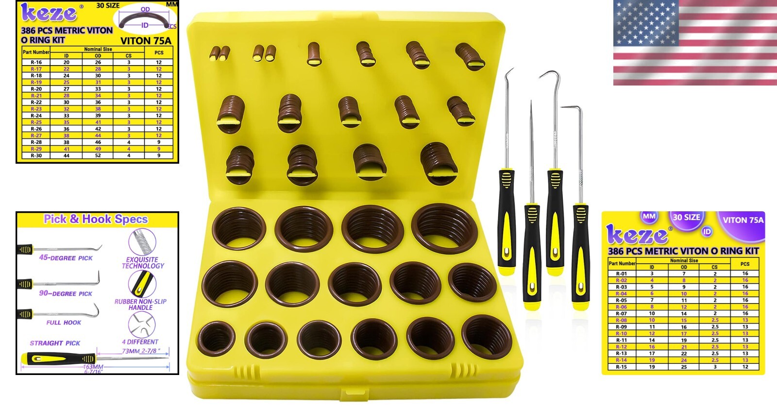 30-Size Brown Viton O-Ring Set with 4 Removal Hooks for Comprehensive Repairs