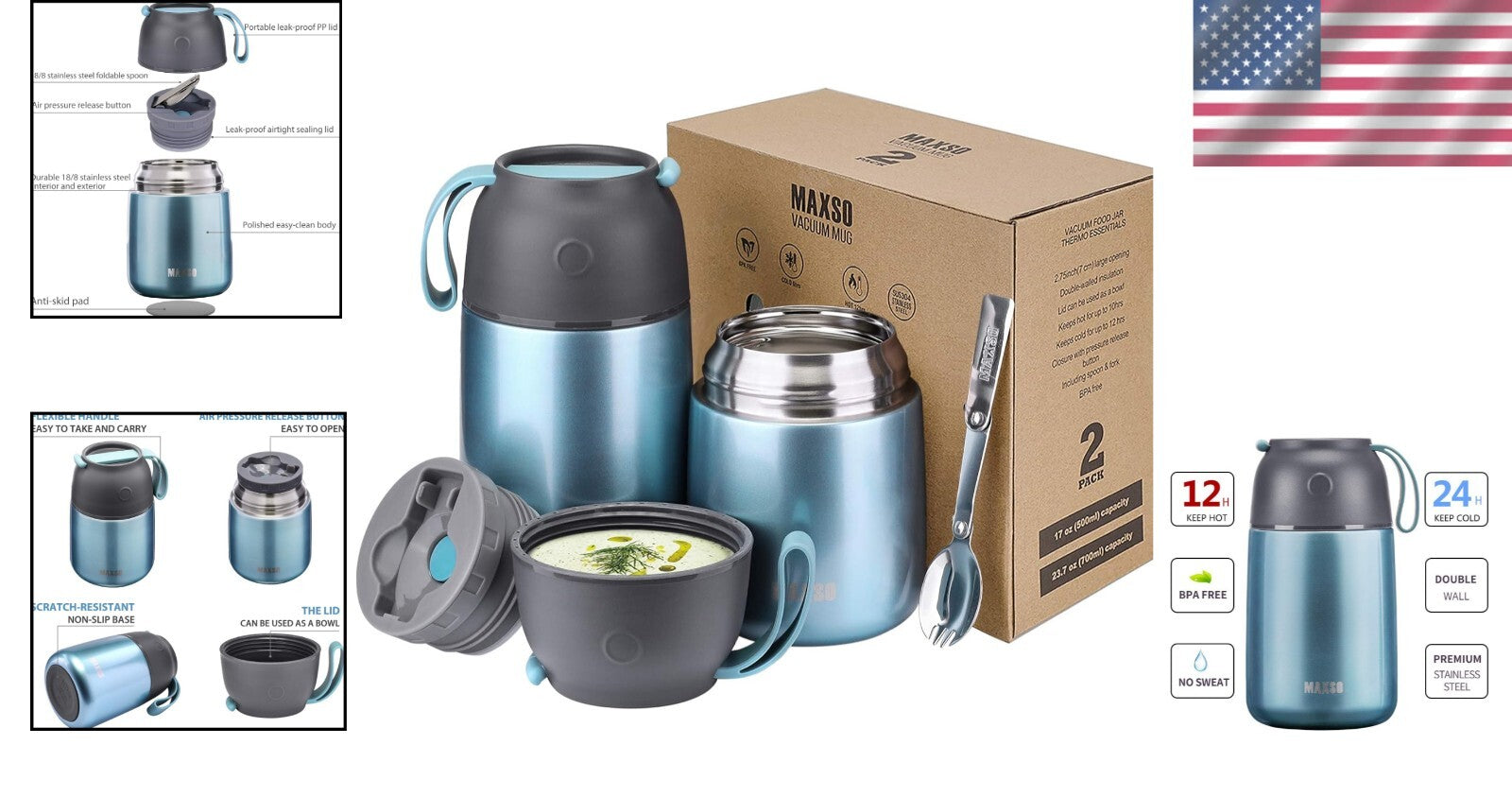 2-Pack Vacuum Insulated Soup Jars - Leak-Proof Food Thermos for On-the-Go Dining
