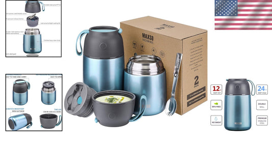 2-Pack Vacuum Insulated Soup Jars - Leak-Proof Food Thermos for On-the-Go Dining