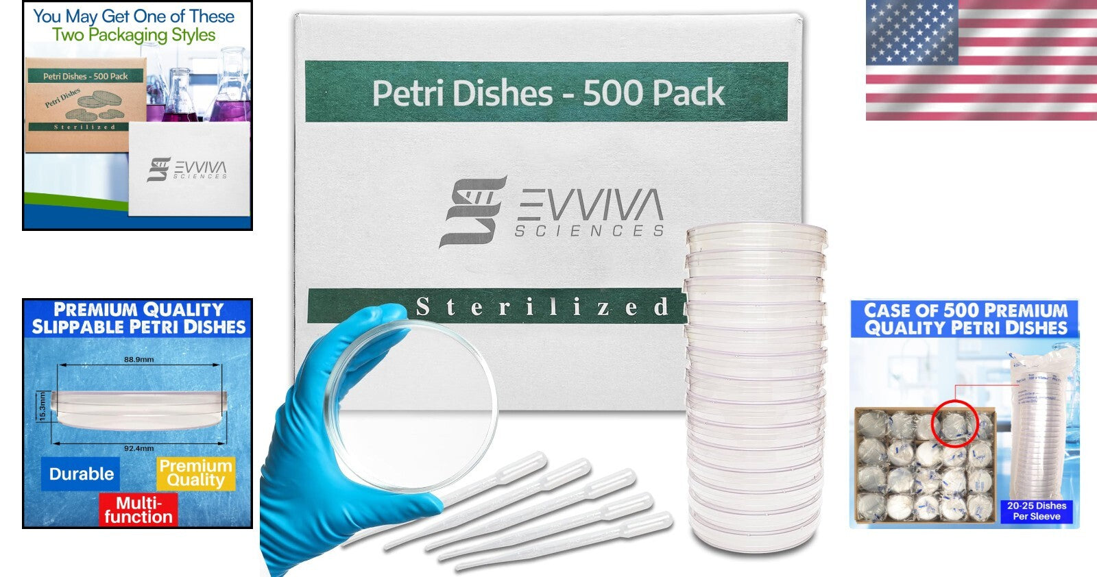Complete 500 Petri Dish Set with 5 Pipettes - Vented Air Circulation for Science