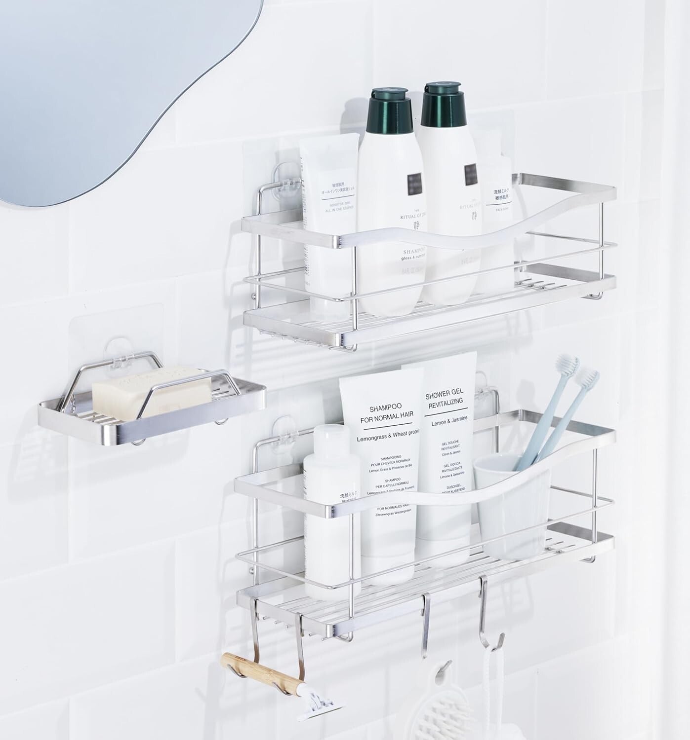 304 Rustproof Shower Caddy & Soap Holder - Adhesive Wall Mount Double Baskets