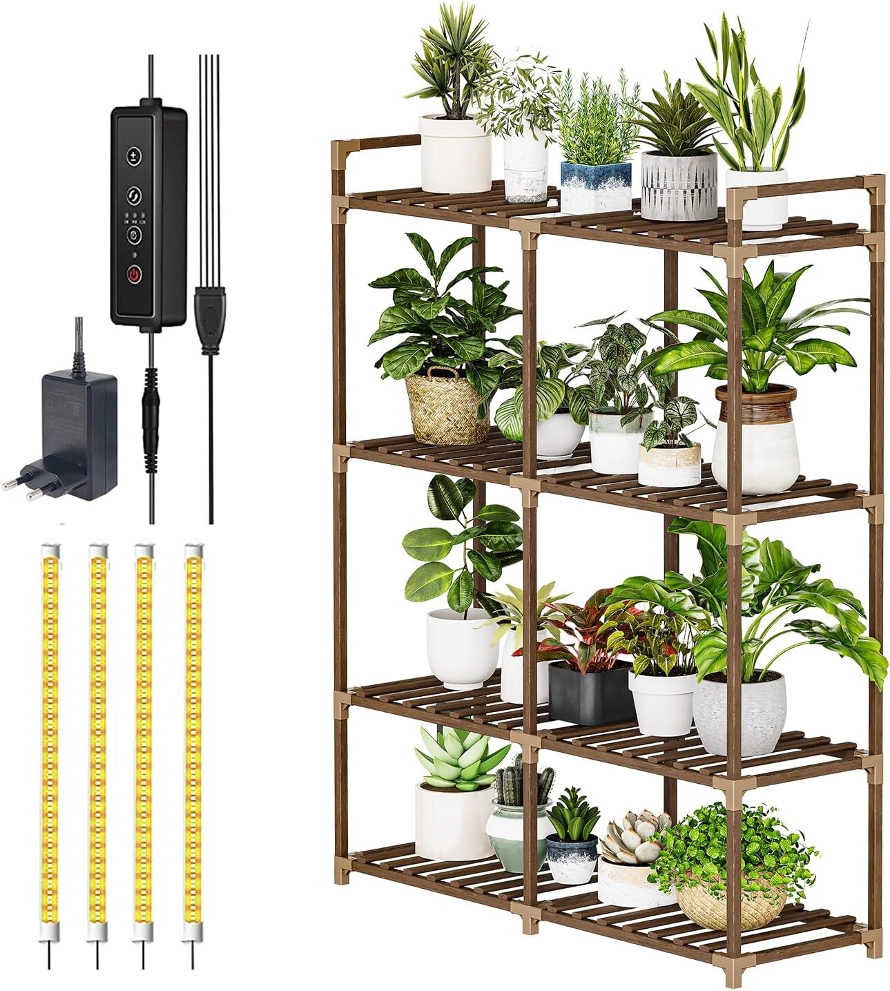 Carbonized Wood Indoor Plant Shelf with Built-In Grow Lights – 16 Plant Holder