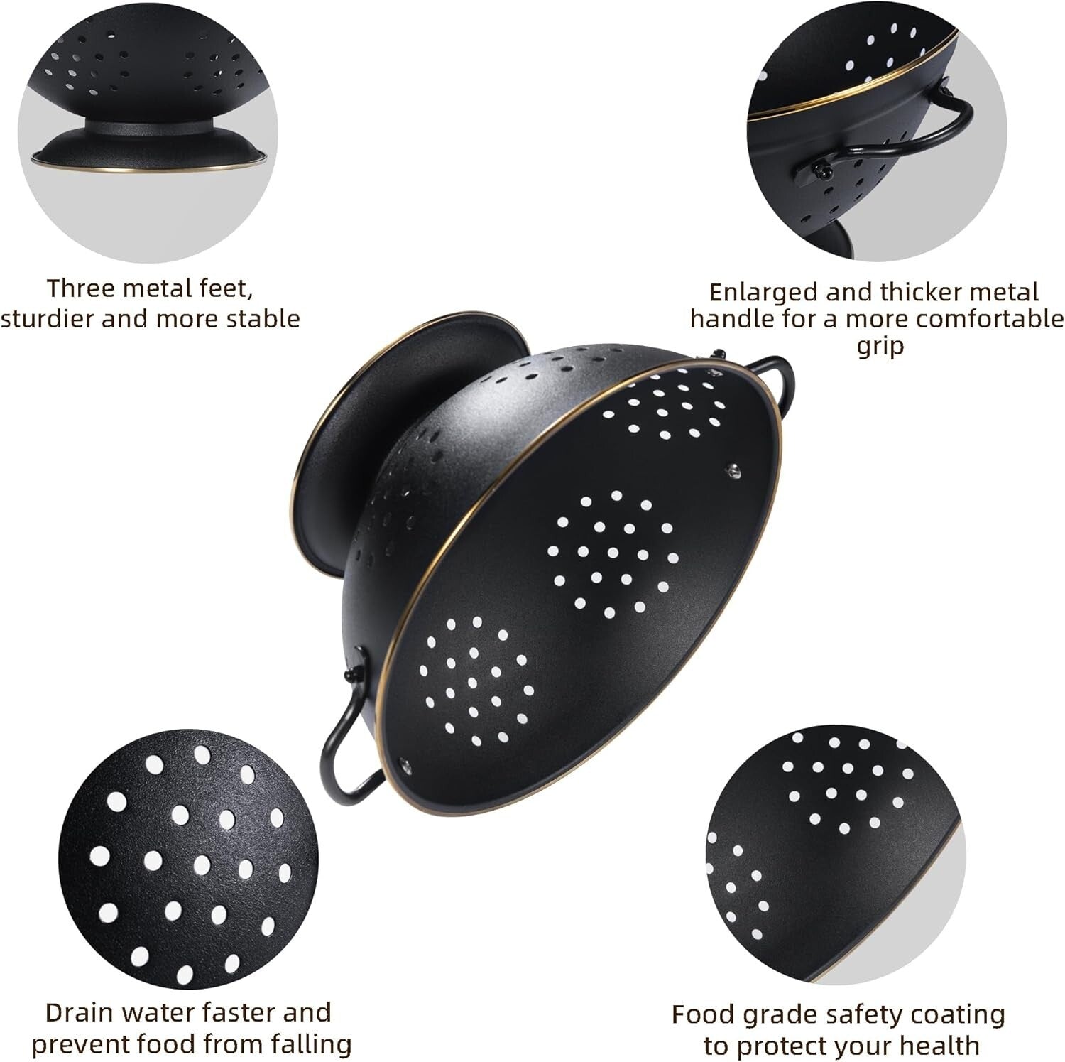 Elegant Matte Black Colanders - Rust-Resistant Metal Strainer Set for All Foods