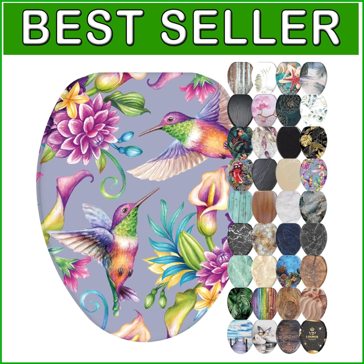 Elongated Molded Wood Toilet Seat with Beautiful Hummingbird Print - Soft Close