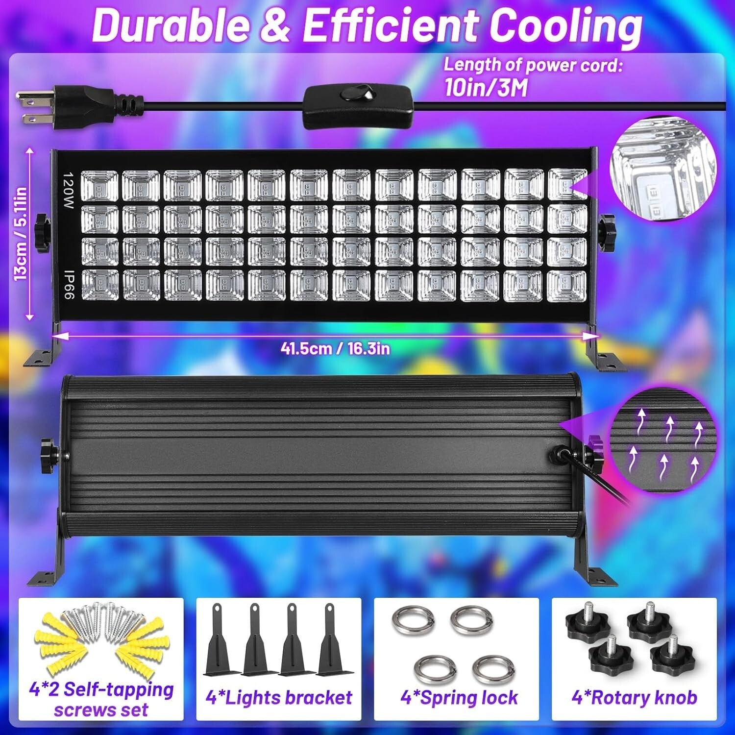 120W Fluorescent Reactive LED Black Lights - 4 Pack with 10ft Cord for Outdoor