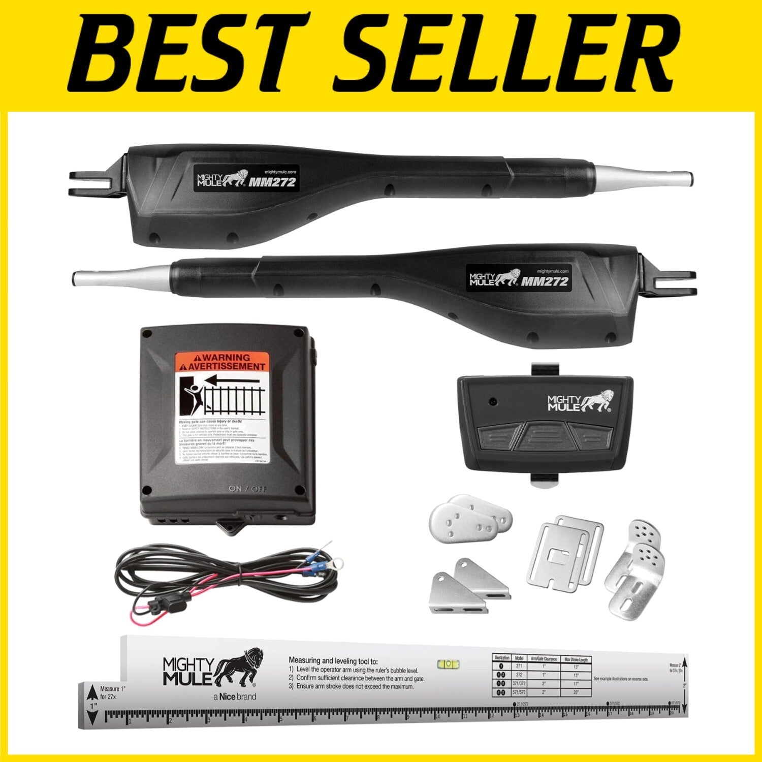 Dual Swing Gate Opener Kit with 3-Button Remote & Installation Ruler - Black