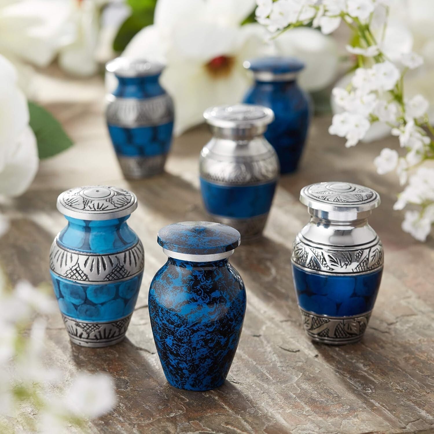 Set of 6 Mini Blue Cremation Urns with Velvet Case - Elegant Keepsake Collection
