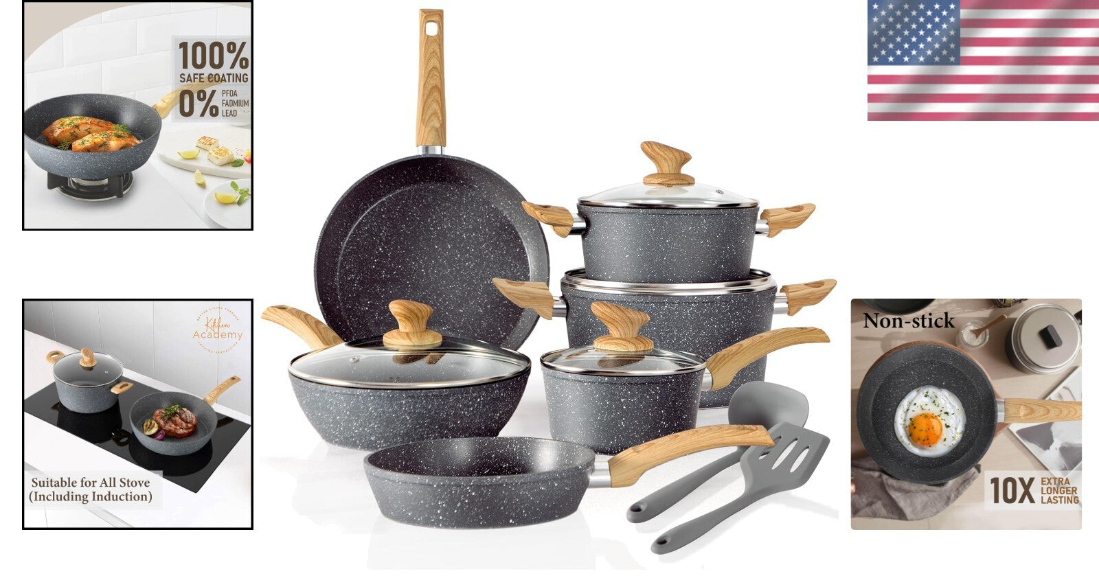 Durable 12-Piece Cookware Set with Granite Coating - Induction & Gas Compatible