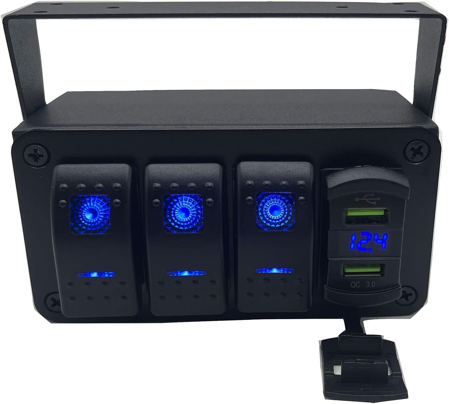 Aluminum Rocker Switch Panel with LED Voltmeter & Dual USB Charger for Boats