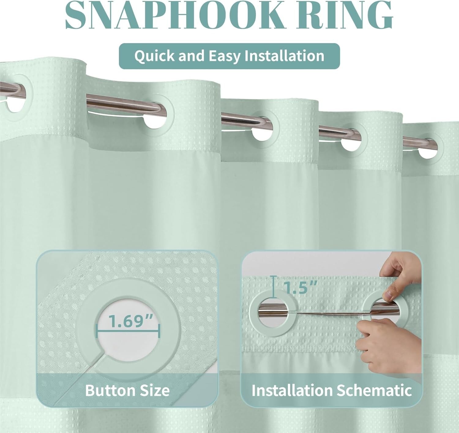 Hotel Quality Mint Green No Hook Shower Curtain with Liner - Easy Care Design