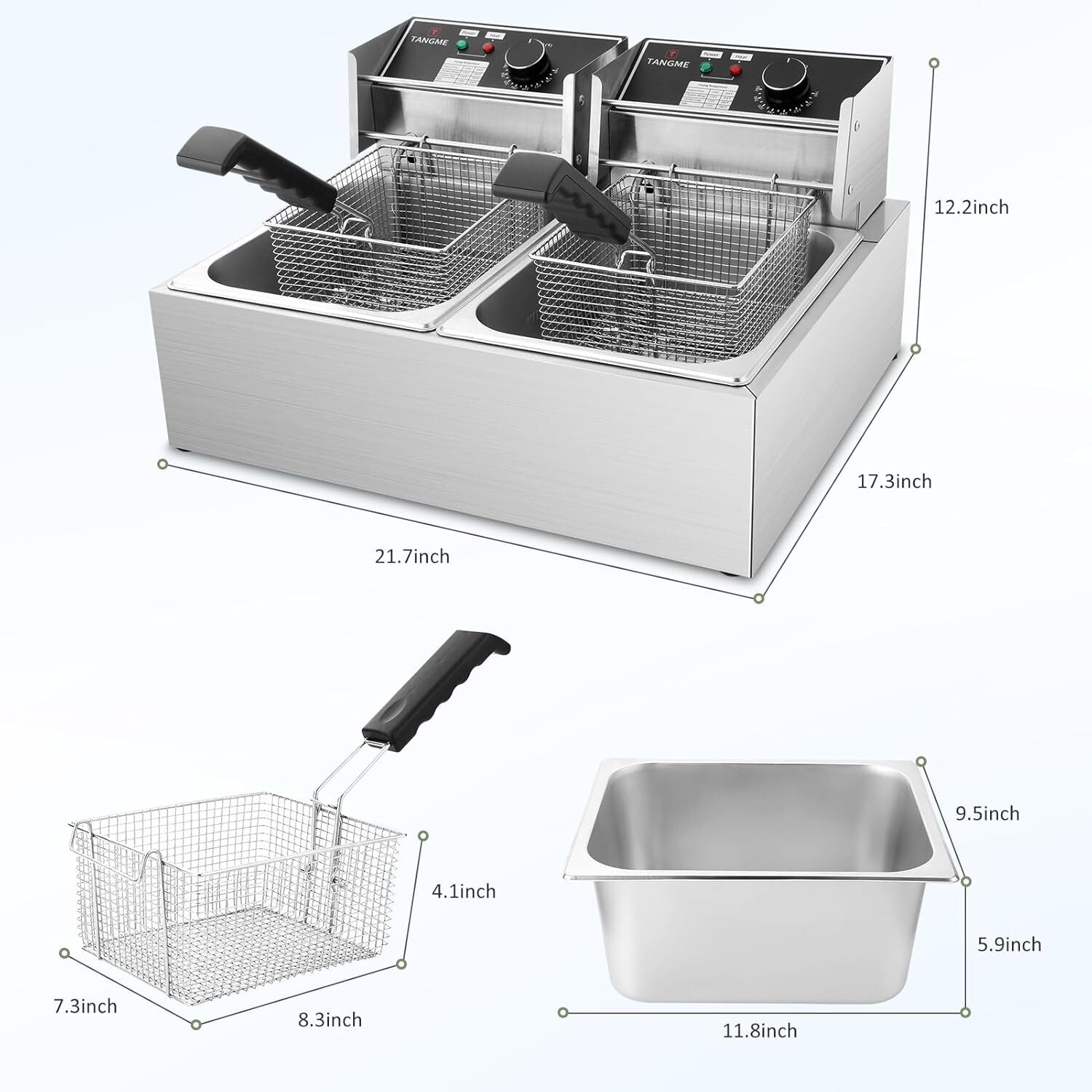 3400W Commercial Deep Fryer with 2x6.35QT Baskets - Stainless Steel Design