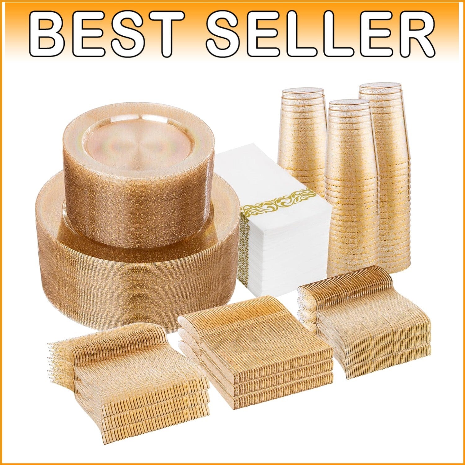 Elegant 700-Piece Disposable Gold Glitter Plates, Cups & Silverware Set