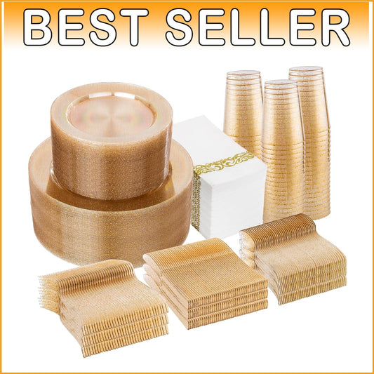 Elegant 700-Piece Disposable Gold Glitter Plates, Cups & Silverware Set