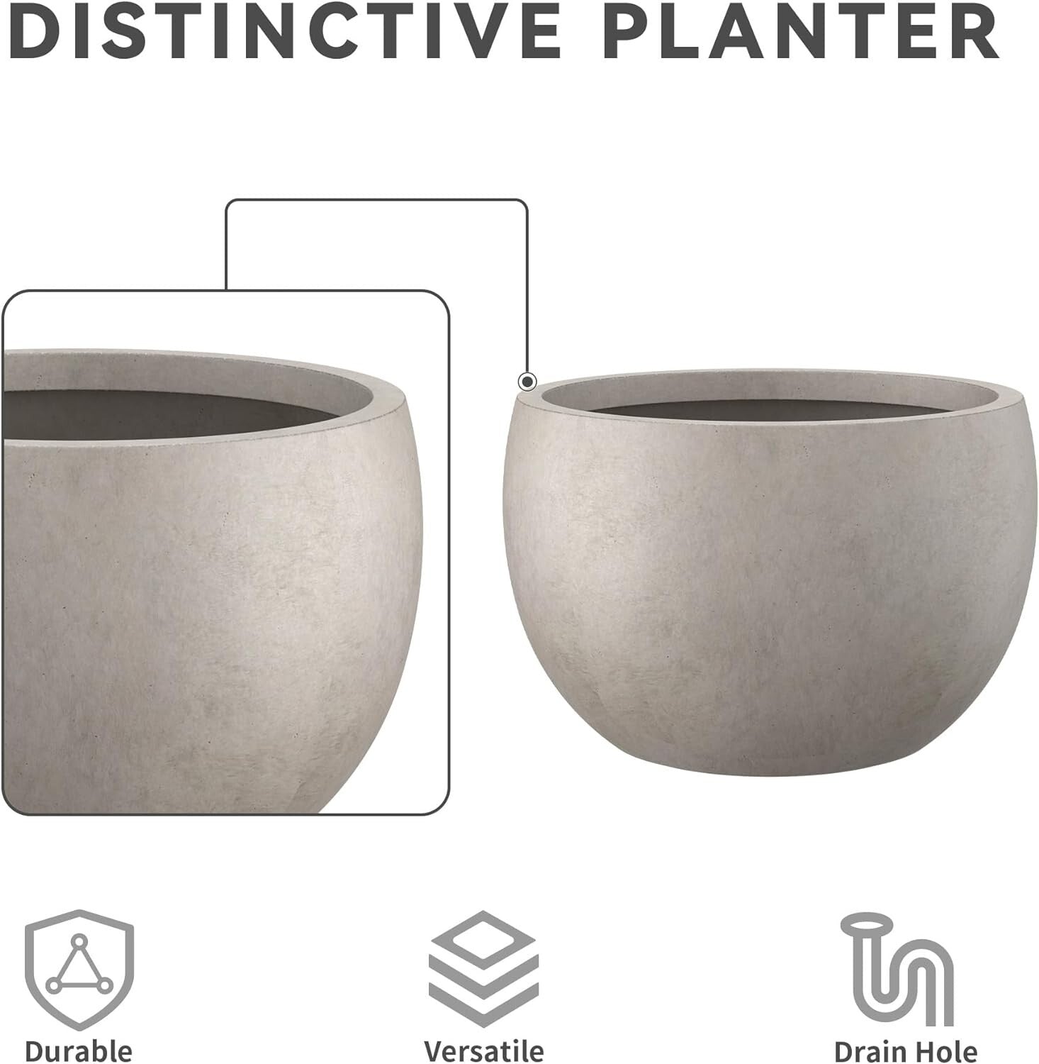 19.9" Weathered Concrete Planter with Drainage - Stylish Indoor/Outdoor Bowl Pot