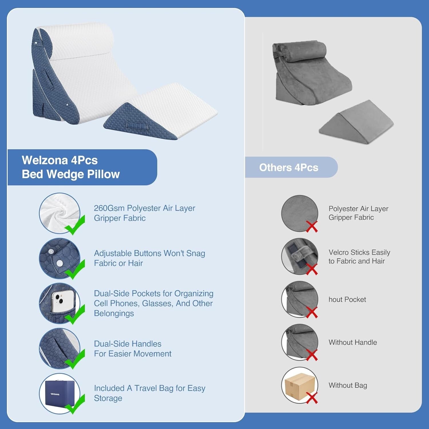 4Pcs Orthopedic Wedge Pillow Set - Gel-Infused Memory Foam for Sleep & Support