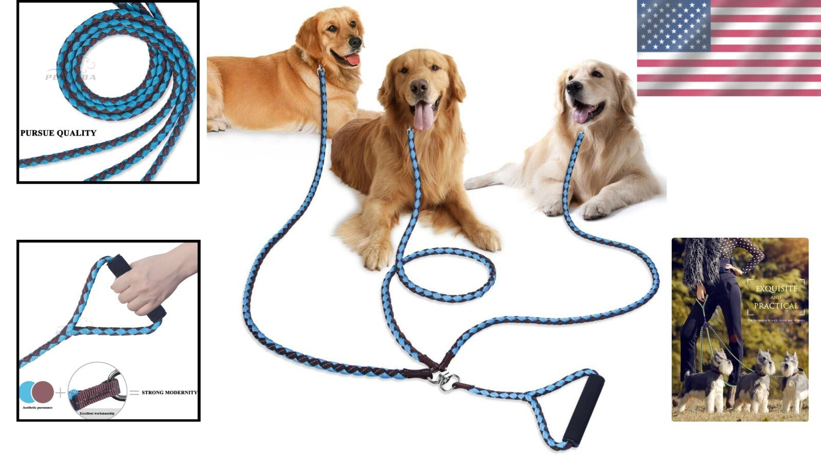 Comfortable 3-Way Dog Leash with Reflective Features - Ideal for Walking Three