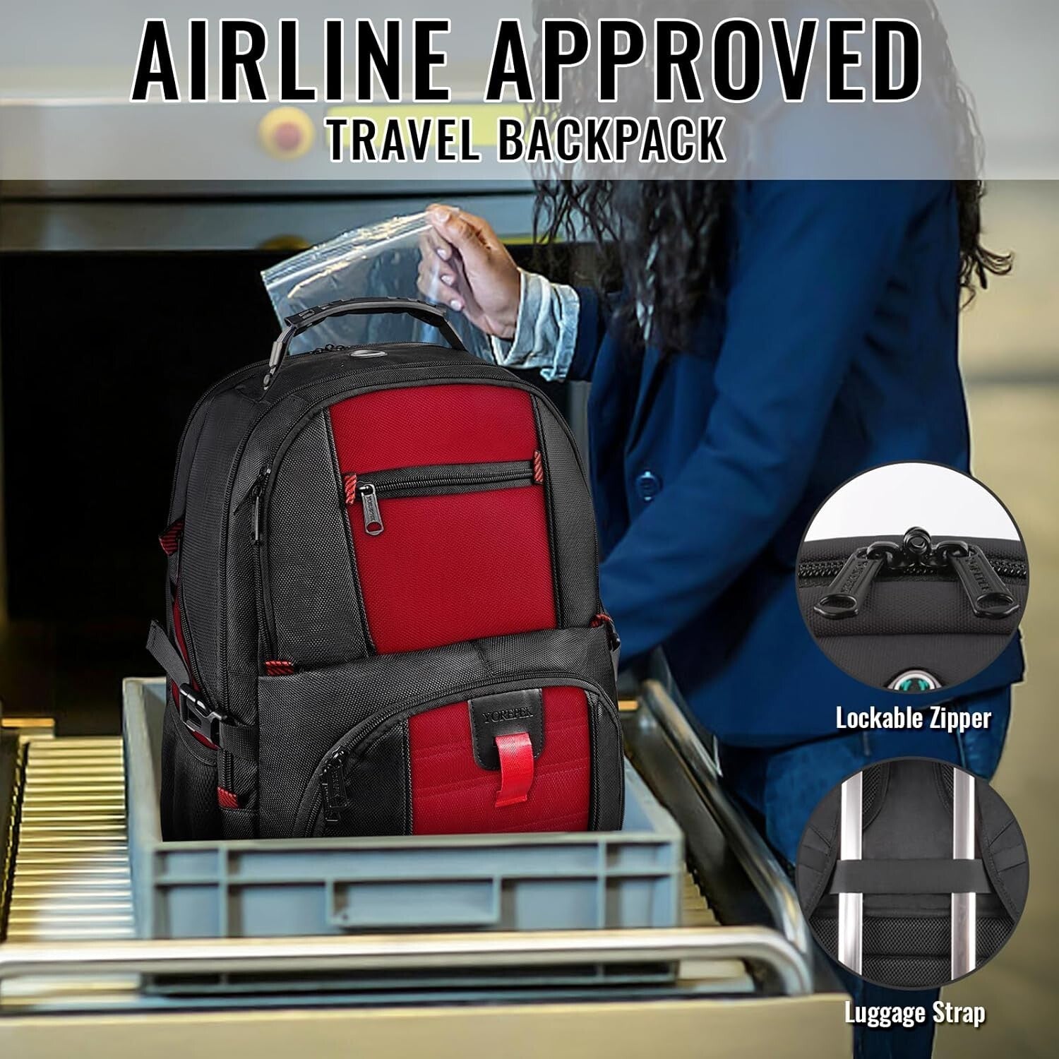 Extra Large 50L Water-Resistant Travel Laptop Backpack with USB Port, Bright Red