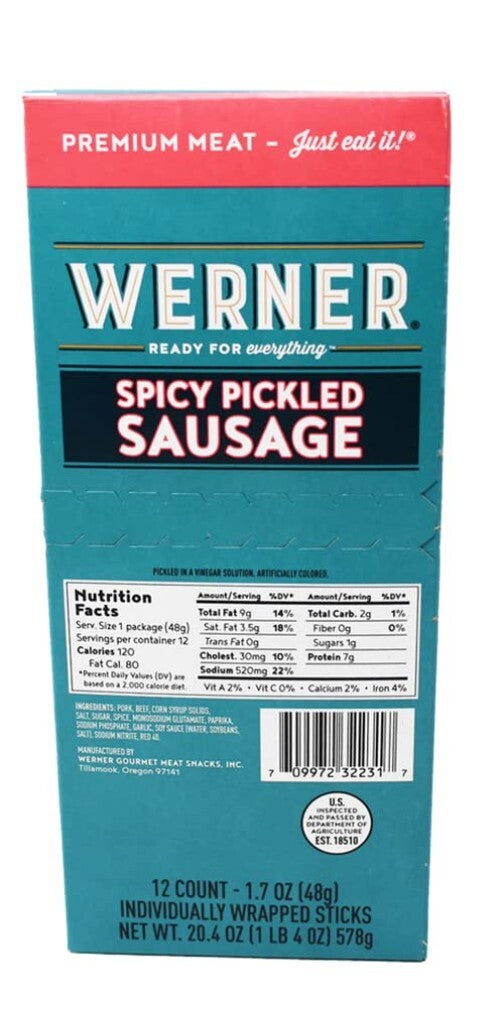 Gourmet Spicy Pickled Sausage Pack of 24 – 1.7oz Individually Wrapped Snacks