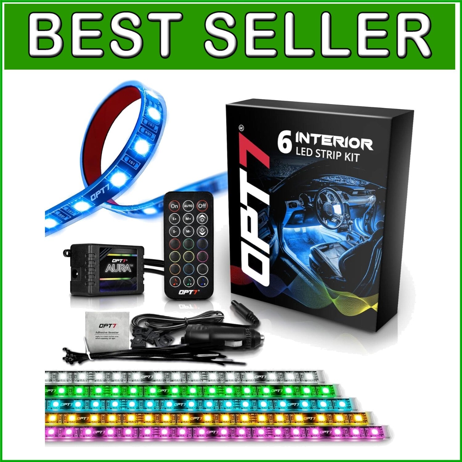 Flexible & Durable Interior Car LED Lights - 6pc with Remote Control & Charger