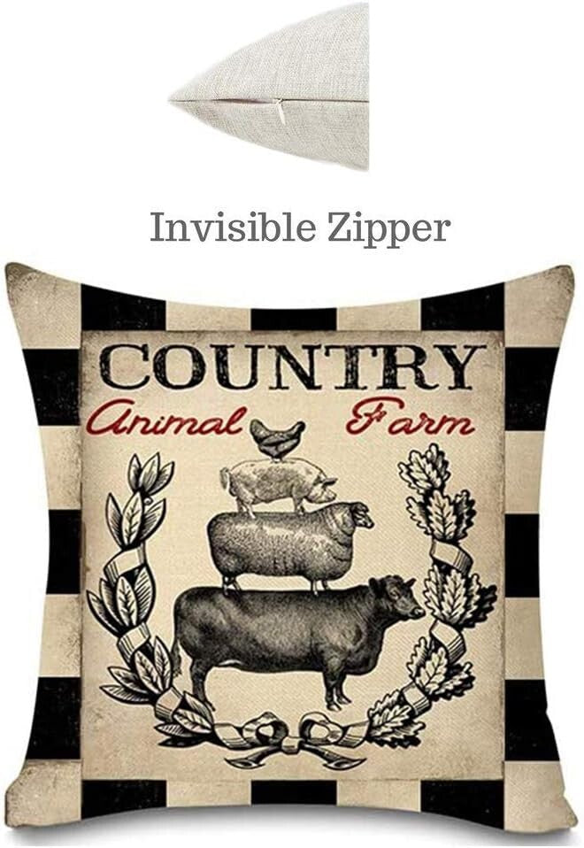 Cozy Farmhouse Throw Pillow Covers 18x18 Set of 4 - Sheep, Chicken, Cow
