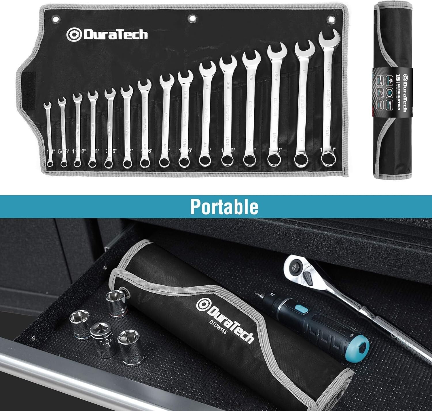 15-Piece Combination Wrench Set - Chrome Vanadium, 12-Point, Portable Pouch