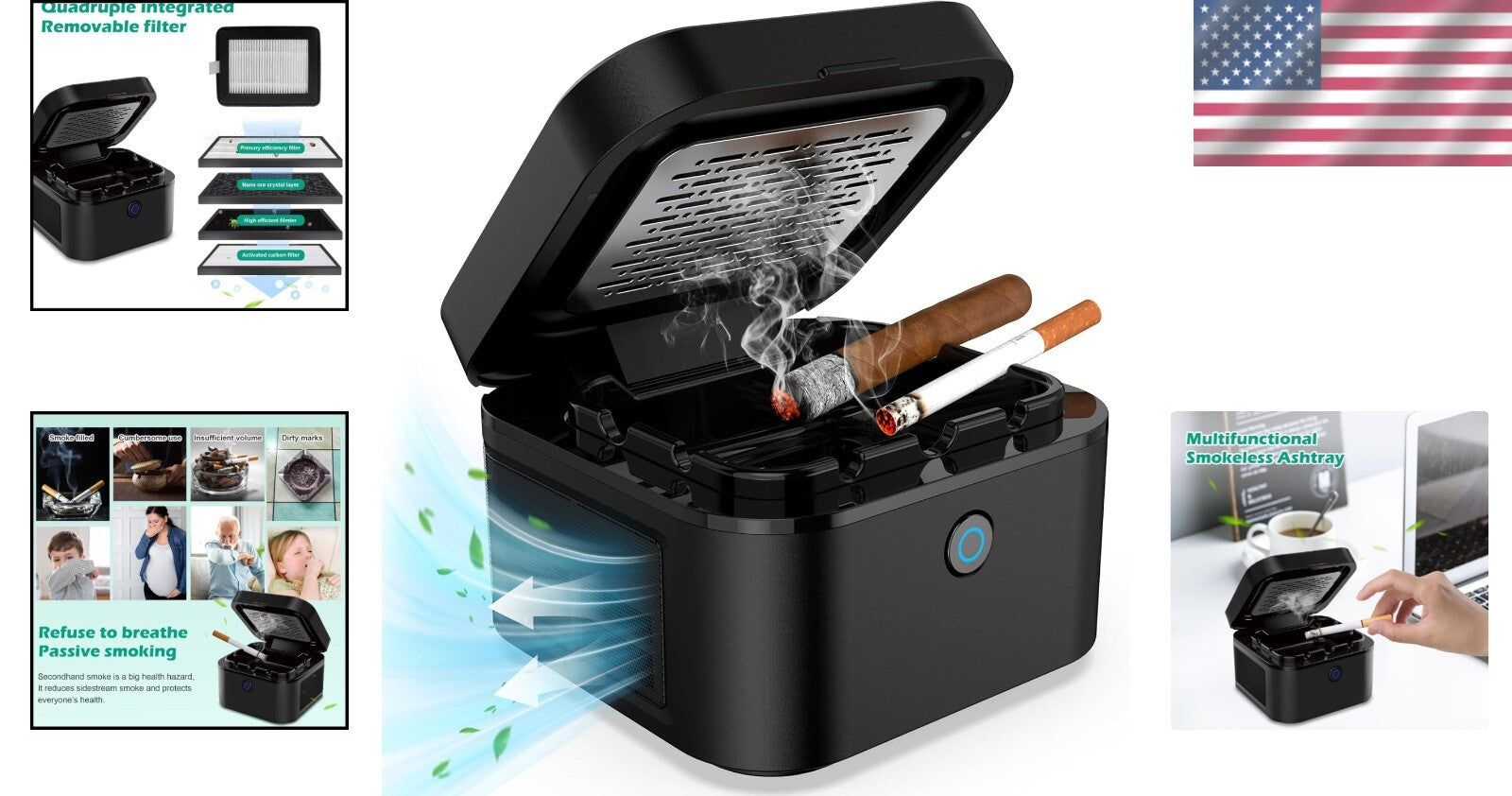 Elegant Smokeless Ashtray & Air Purifier with USB Recharge - Quiet & Effective