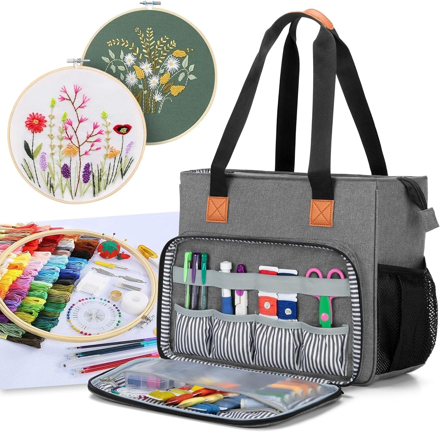 Heavy-Duty Gray Embroidery Project Bag with Padded Storage & Multiple Pockets