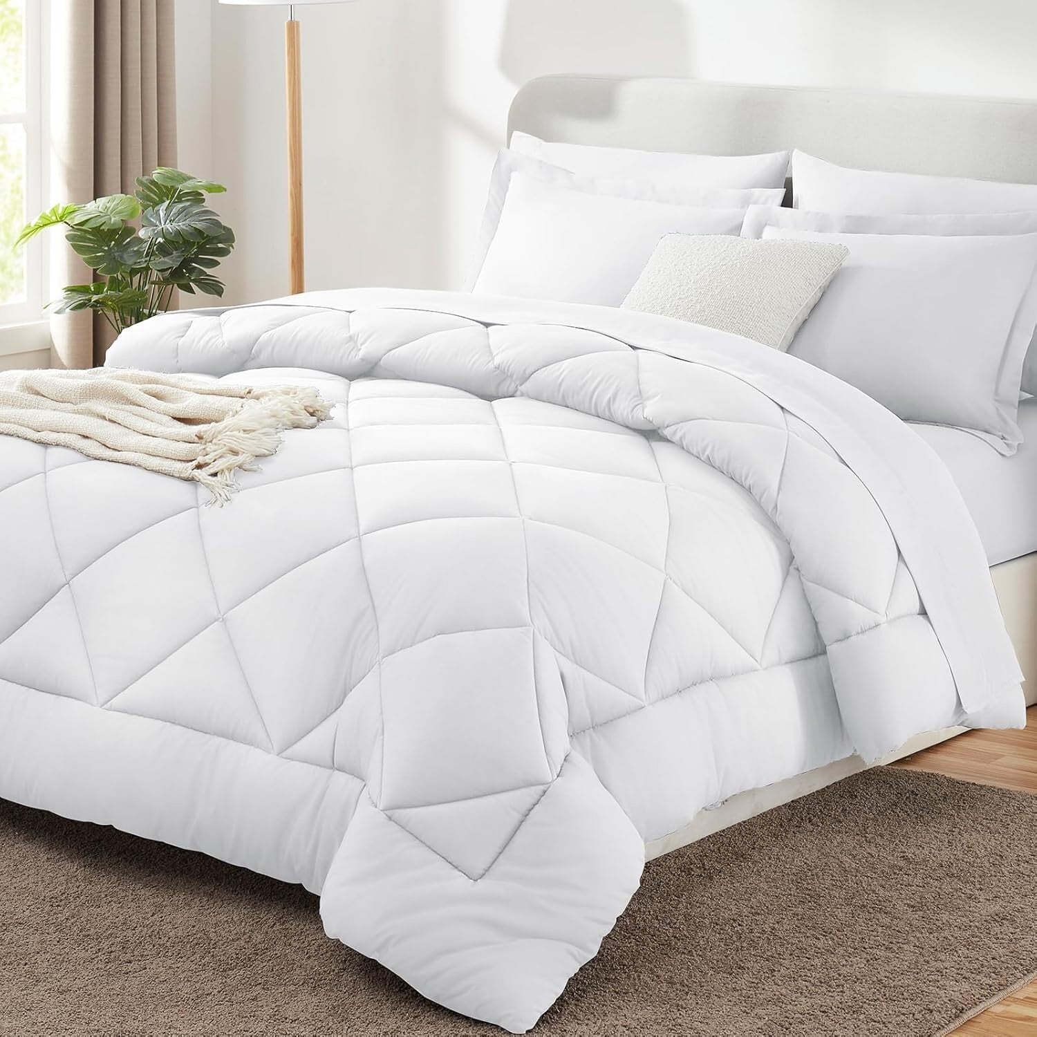 7-Piece King Size Comforter Set - Soft White Luxury Bedding for All Seasons