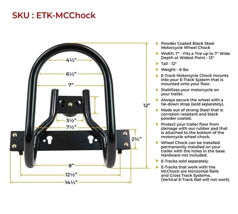 Black Powder Coated 7" Wheel Chock for E-Track - 2 Pack Motorcycle Protection