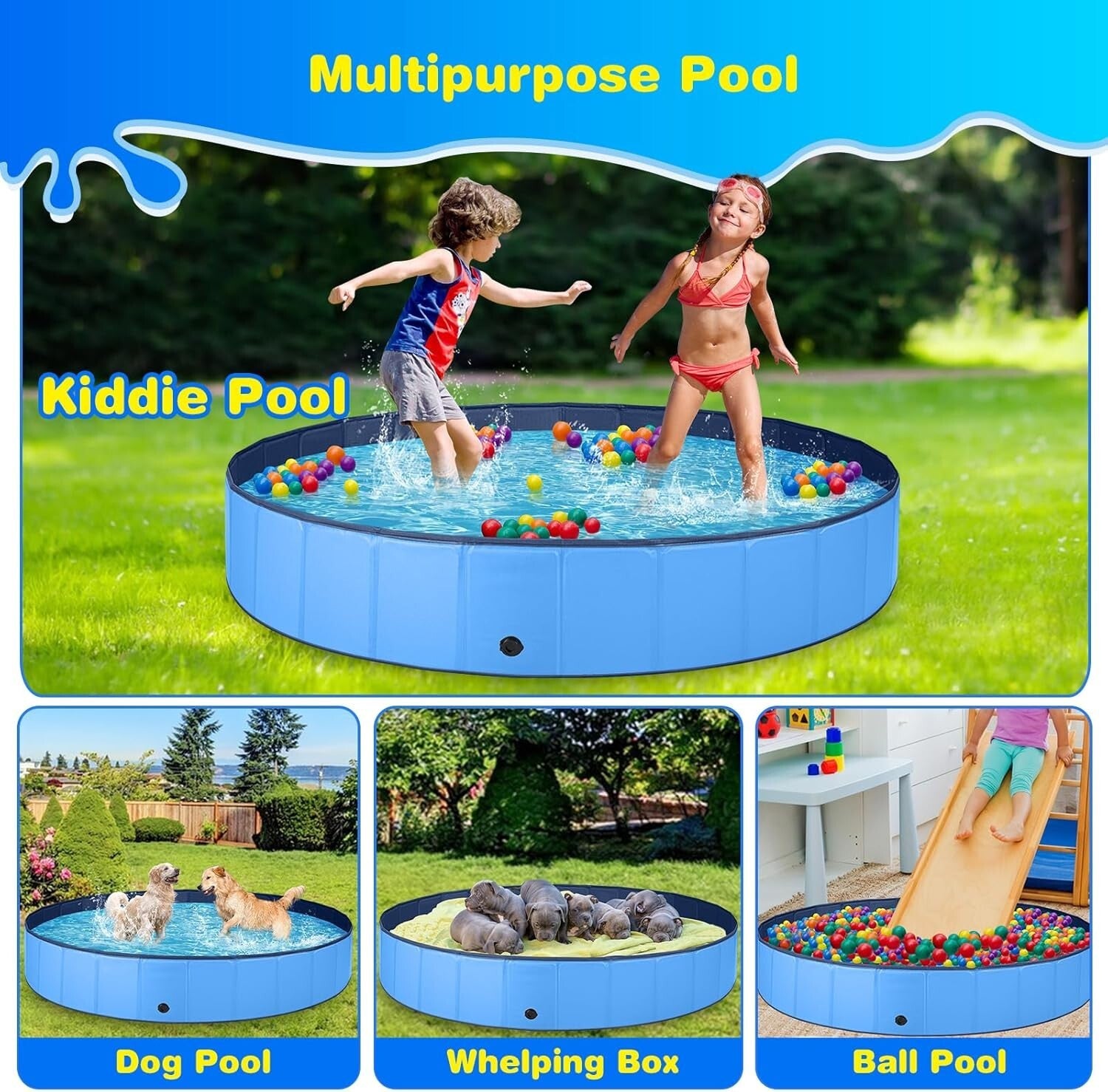 Large 510 Gallon Foldable Dog Pool with Anti-Slip Surface - Ideal for Summer Fun