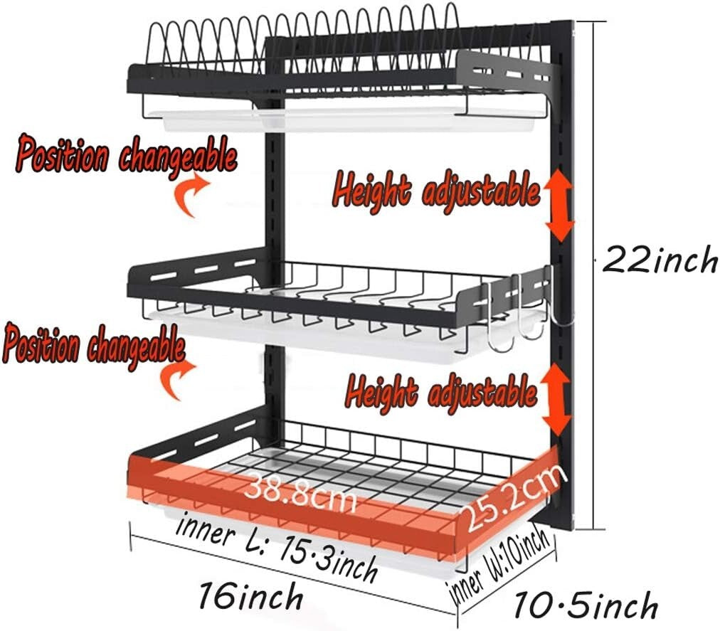 3-Tier Black Stainless Steel Dish Rack with Utensil Holder - Space-Saving Design