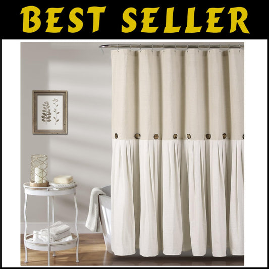 Charming Color Block Linen Shower Curtain with Coconut Buttons for Modern Baths