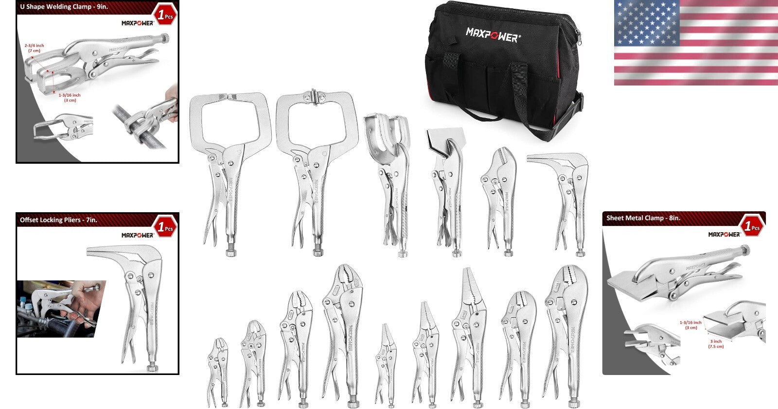 15-Pc Locking Pliers Set with Tool Bag - Ergonomic and Durable for Professionals