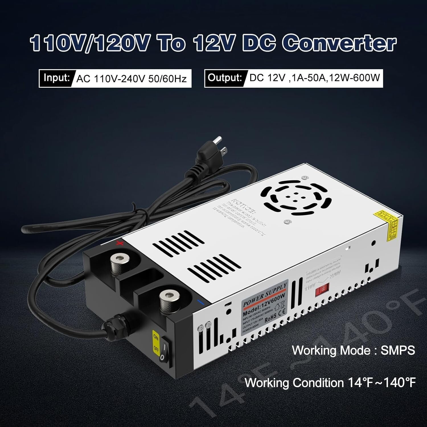 Efficient 600W 12V AC to DC Converter - Short Circuit & Overload Protection