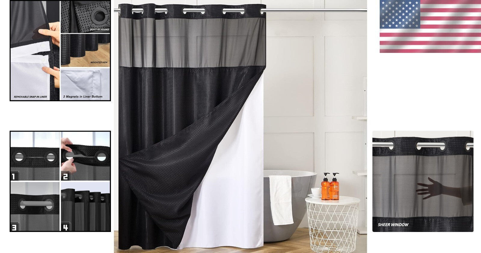 Luxury Black Shower Curtain with Mesh Top & Removable Liner – 96 Inch Length
