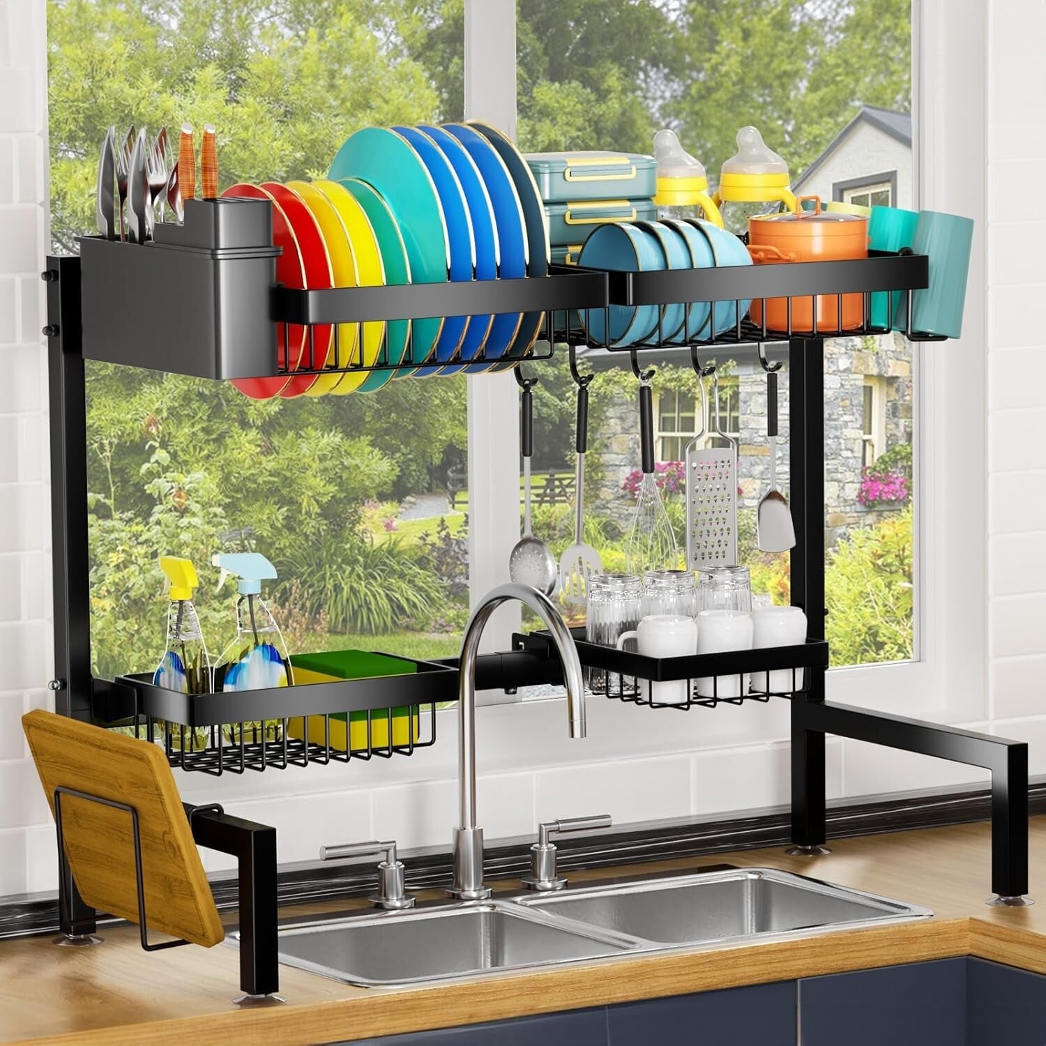 4-Basket Sink Drying Rack - Adjustable 2-Tier Organizer for Kitchen Efficiency