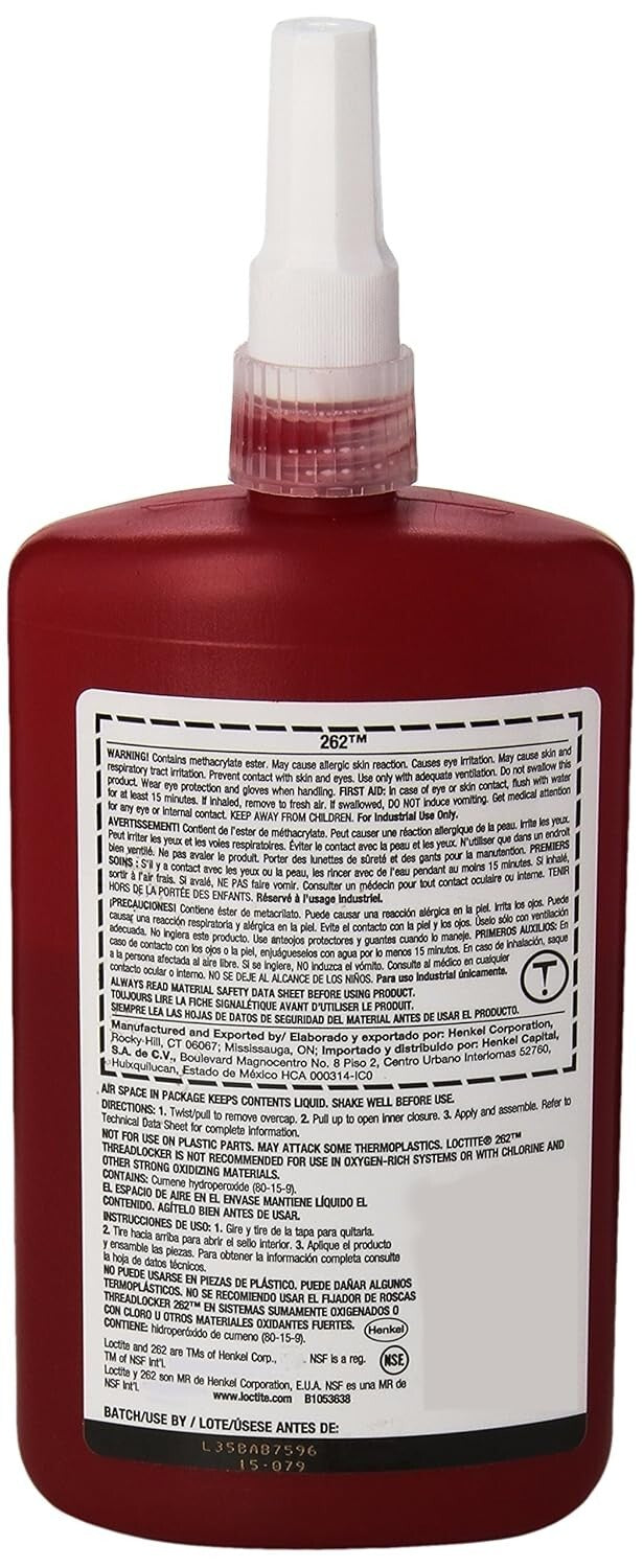 Red 262 Thread Locker - 24-Hour Cure, 250 mL, For High-Performance Metal Use