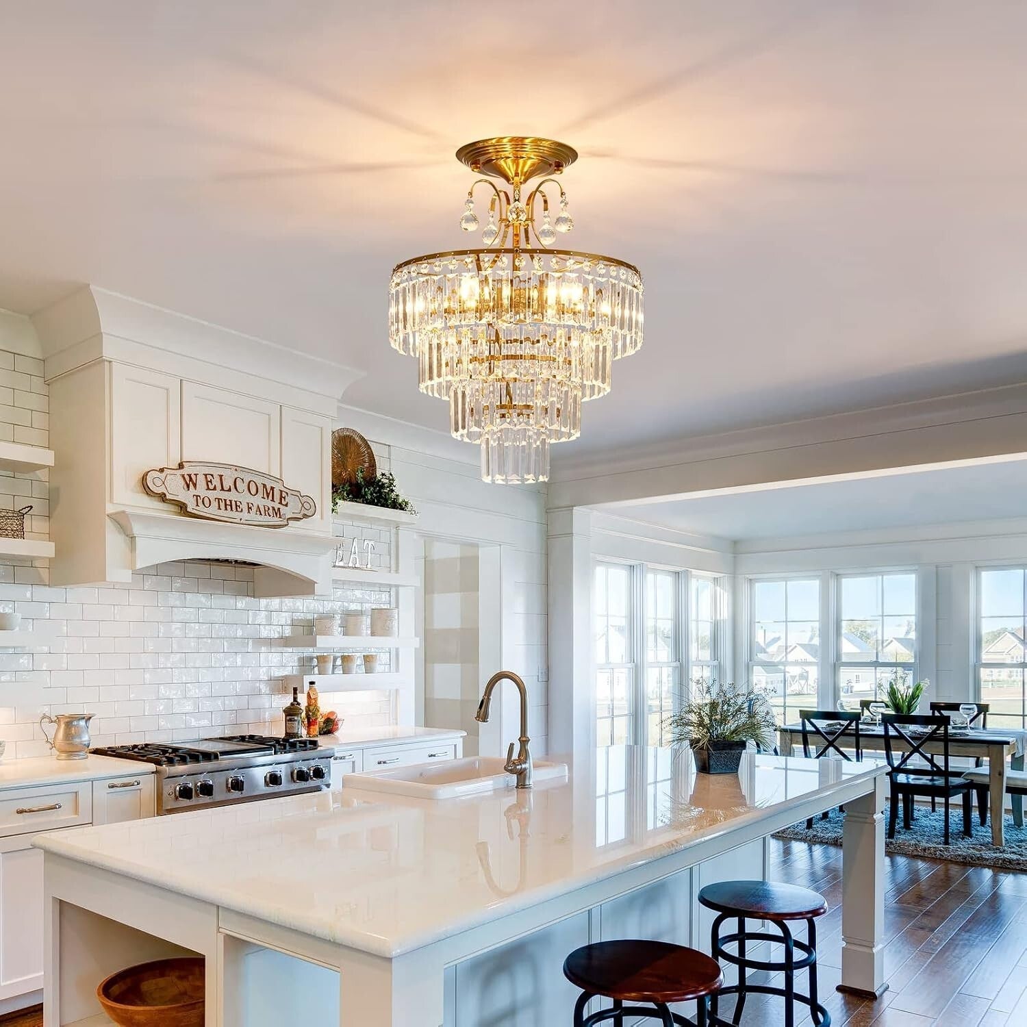 Chic Crystal Gold Semi Flush Mount Chandelier - Ideal for Living & Dining Rooms