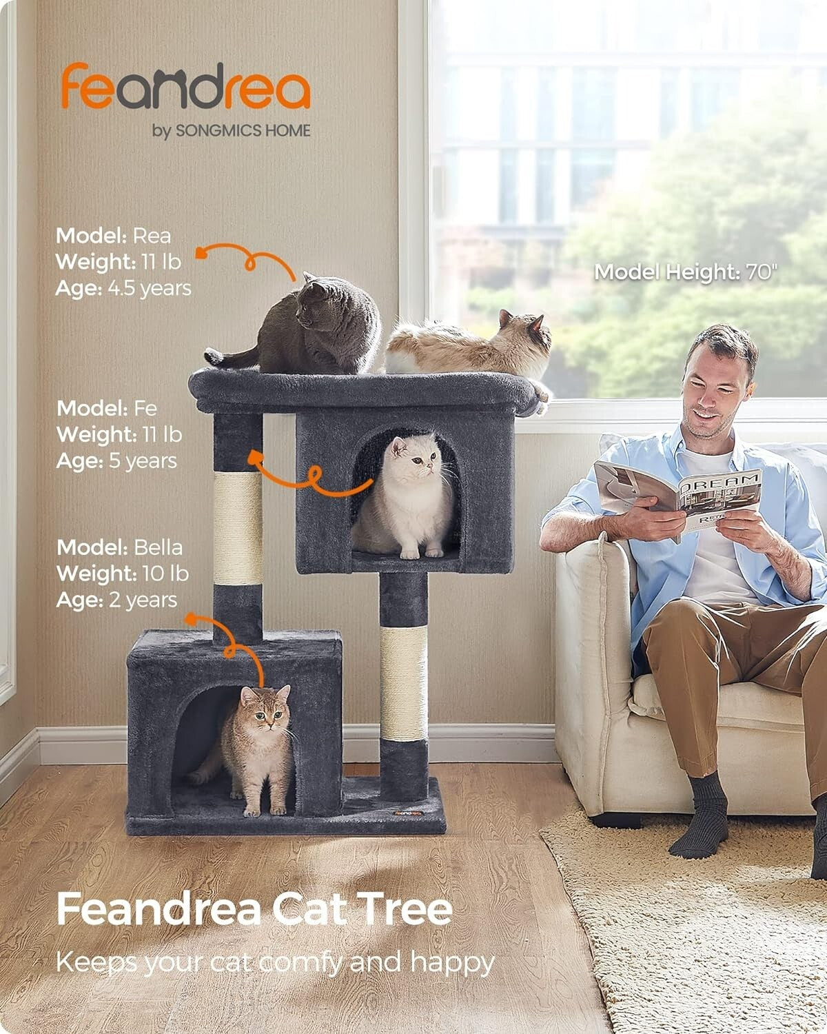 Smoky Gray 39.8" Cat Tower with Large Perch and Two Cat Caves - Stable & Durable