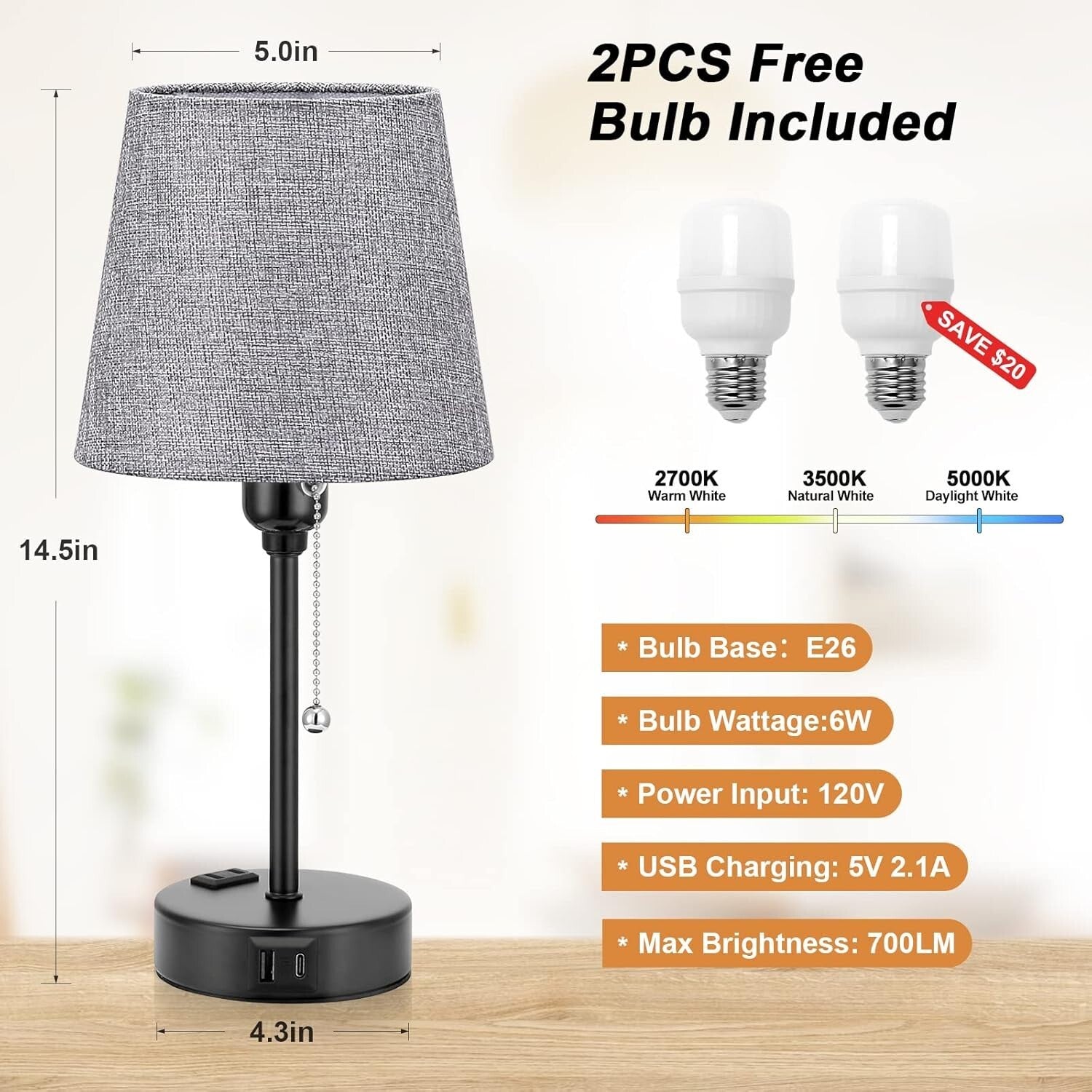 Dimmable Gray Bedside Lamps with Built-in USB Charge & 3 Light Settings - 2 Pack
