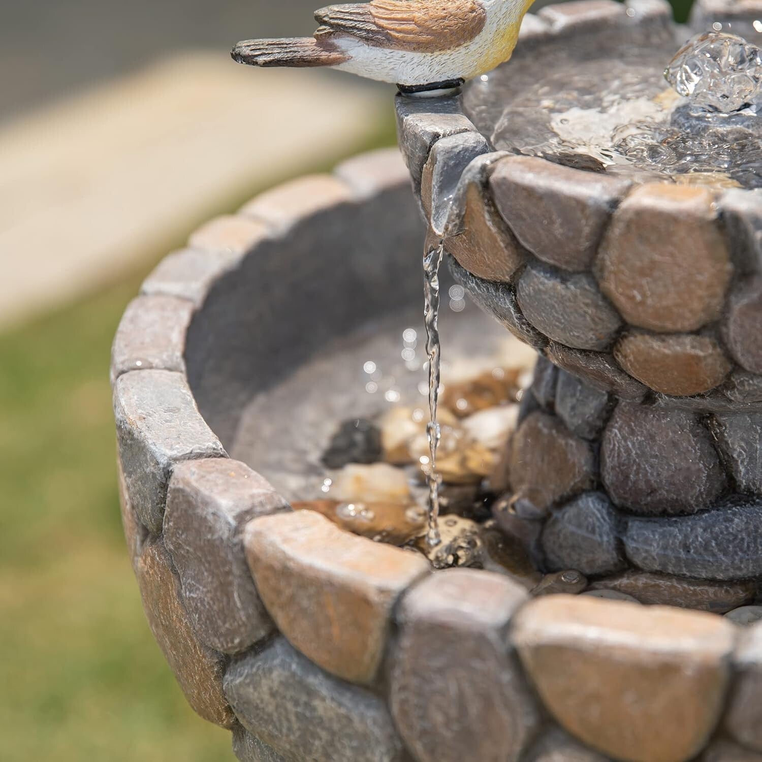 Lifelike Birds Decorated 2-Tier Faux Pebbles Fountain—Stylish Addition to Patios