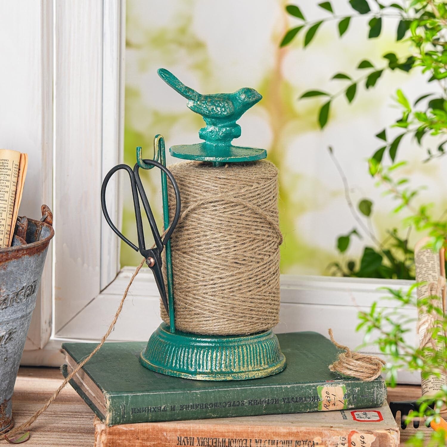 Decorative Cast Iron Twine Holder with 1300ft. Natural Jute String and Scissors