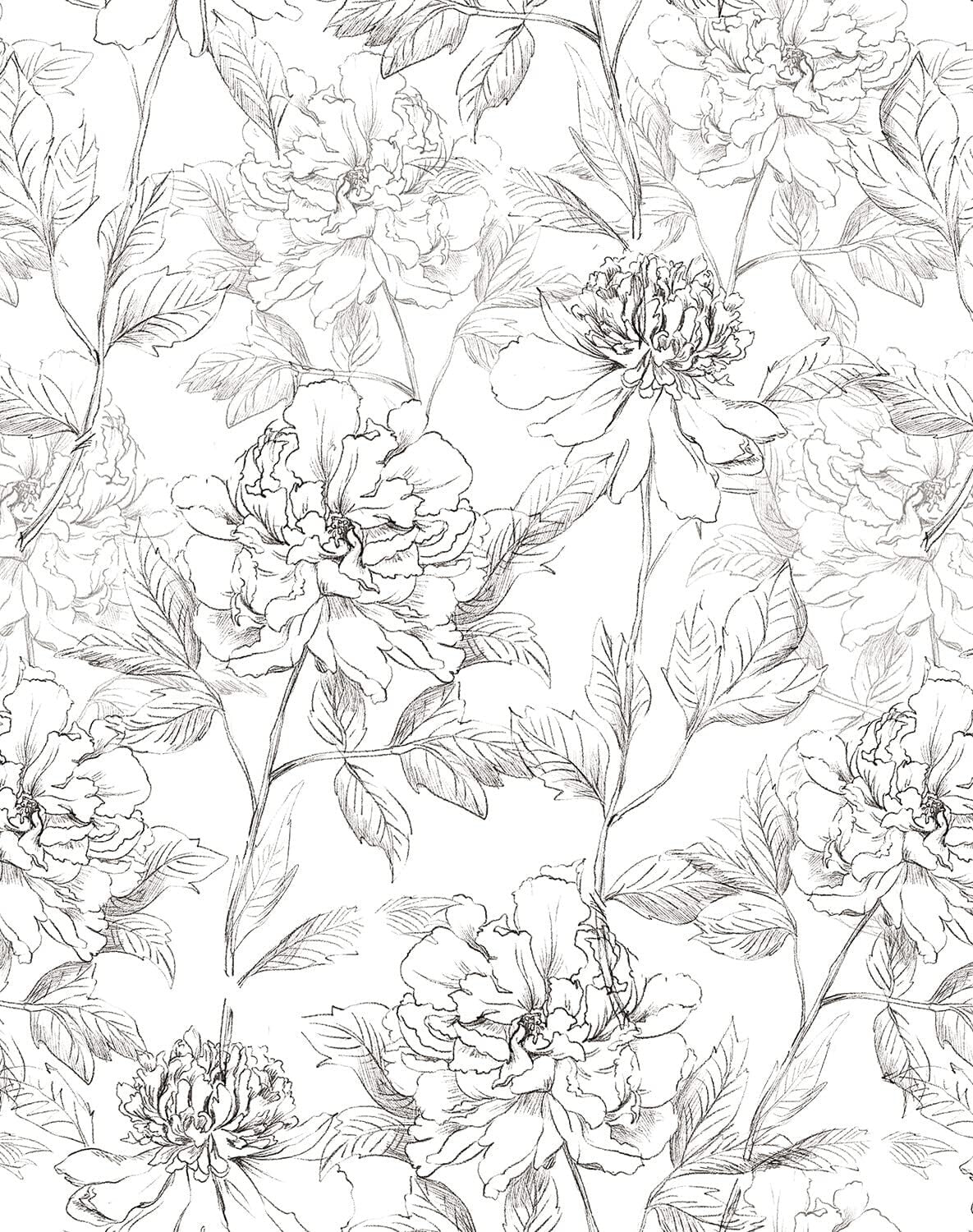 Removable Black and White Floral Wallpaper - Easy Install Peonies Design 43 SQFT
