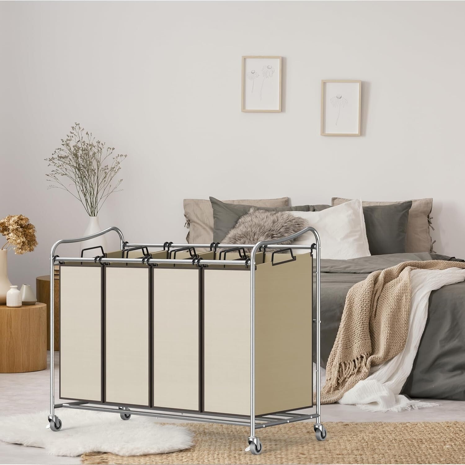 Efficient 4-Bag Heavy-Duty Laundry Cart with Smooth Rolling Casters in Chrome