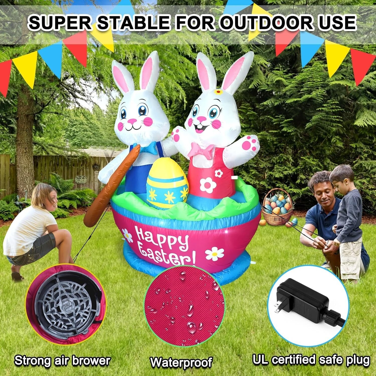 Easy Setup 5FT Easter Bunny Inflatables with LED Lights - Fun Yard Decoration