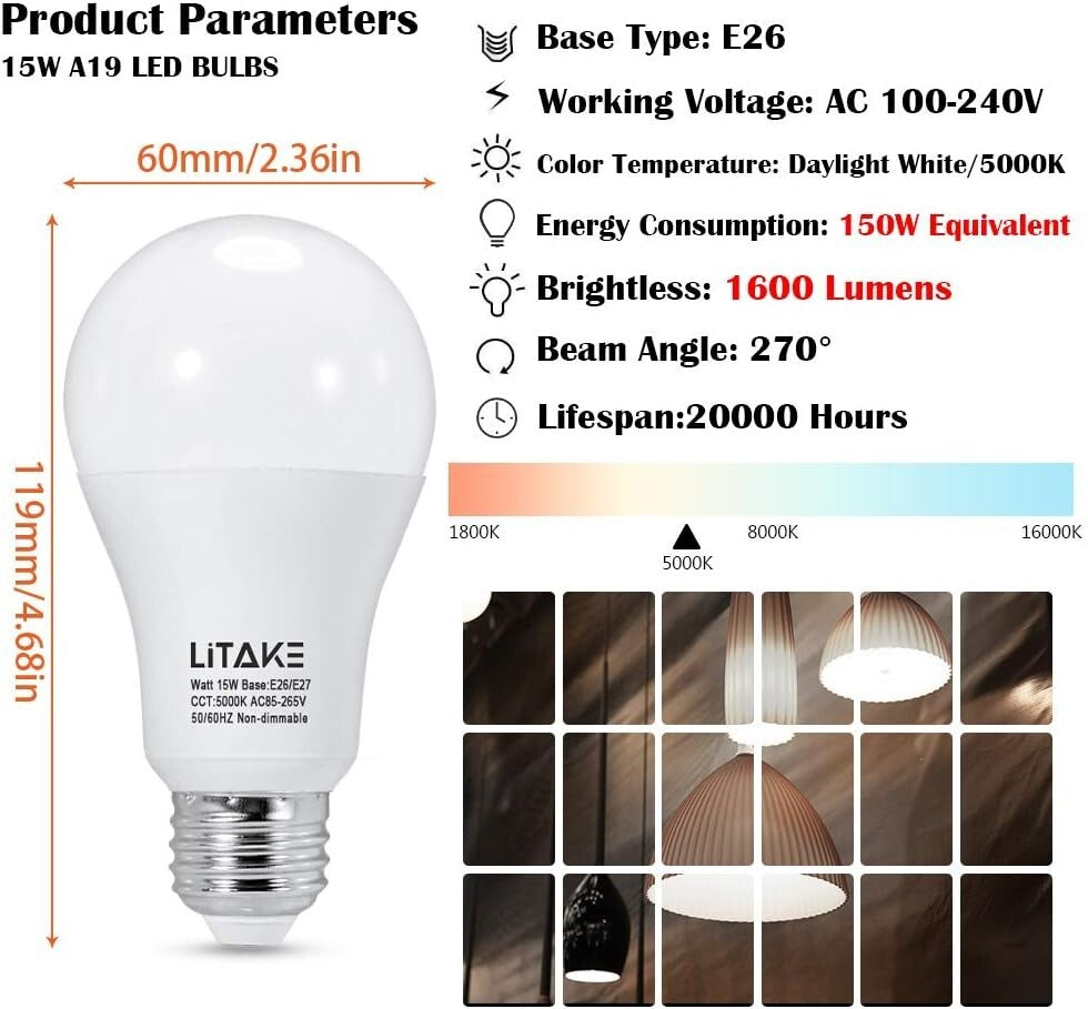 Bright 1600 Lumen Daylight LED Bulbs, 20,000 Hours Lifetime, E26 Base – 12 Pack