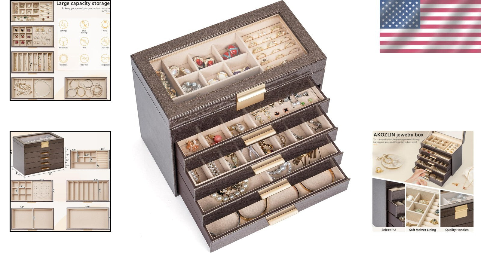 Stunning Clear Glass Lid Jewelry Box - 5-Tier Multi-Drawer Organizer for Women