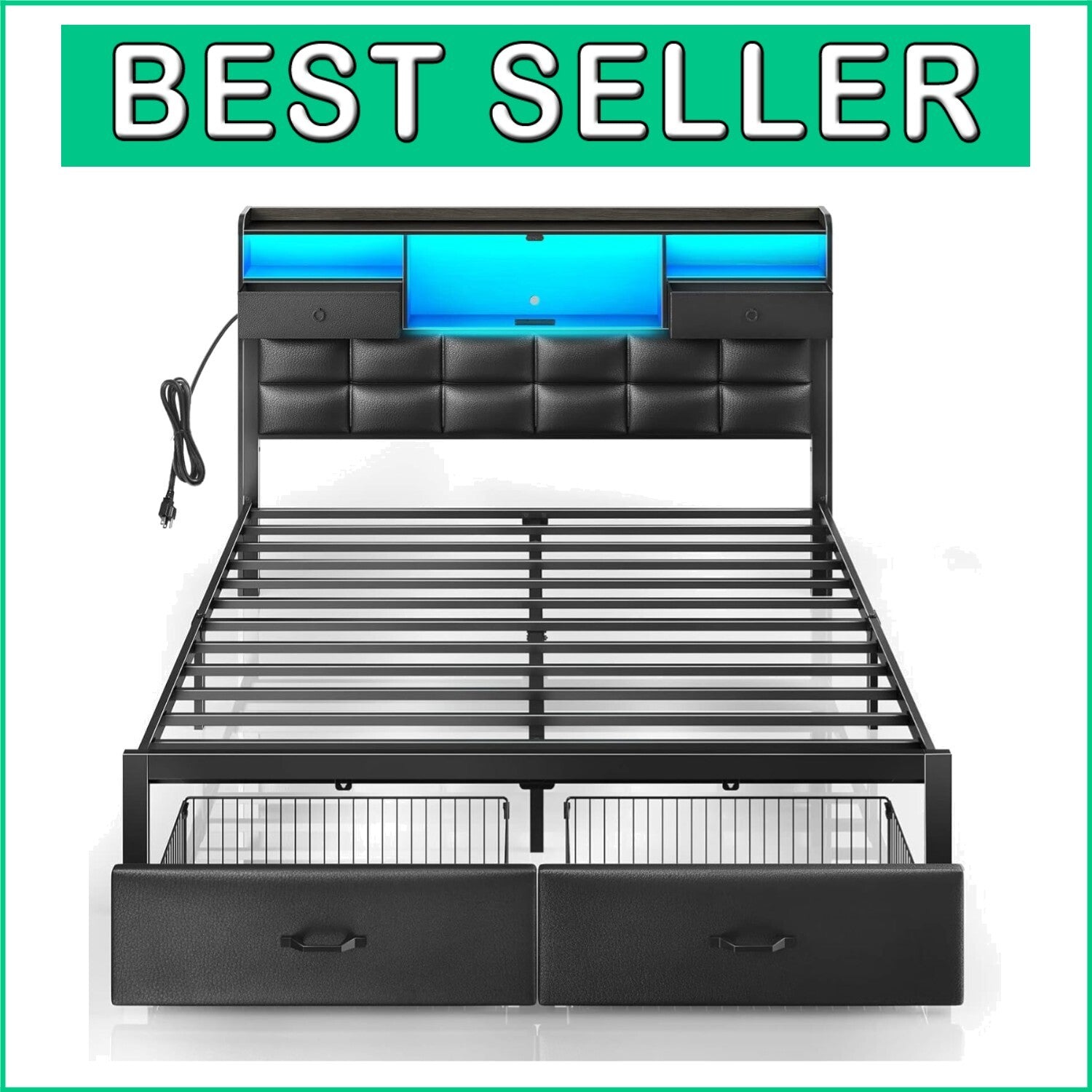 Elegant Full Size Bed Frame with Metal Support, Drawers & USB Charging Station