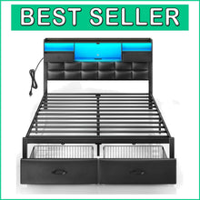 Load image into Gallery viewer, Elegant Full Size Bed Frame with Metal Support, Drawers &amp; USB Charging Station